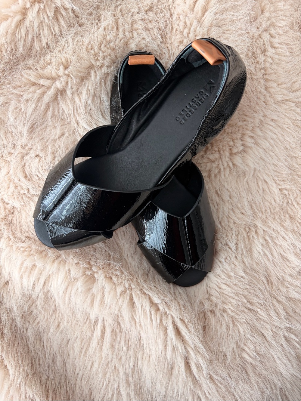 MERCEDES CASTILLO Black Patent Crisscross Peep-Toe Mules with Tan Heel Tab